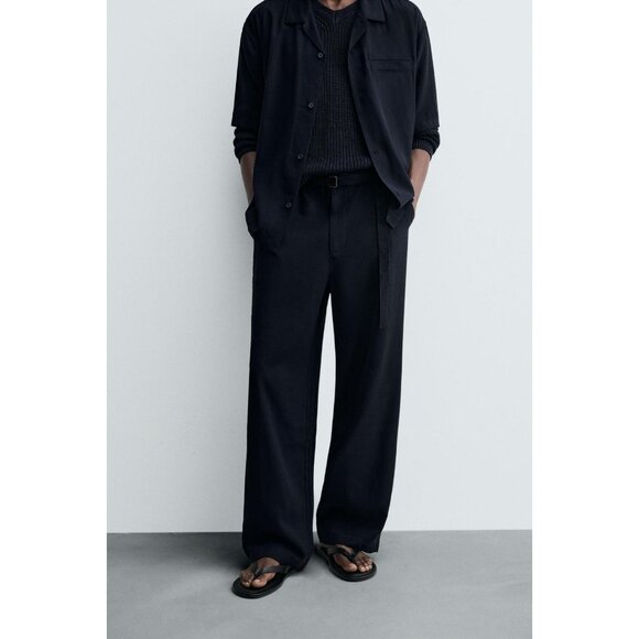 Zara Mens Pants M Navy Blue Relaxed Fit Belted Pleated Straight 1195/336 NWT